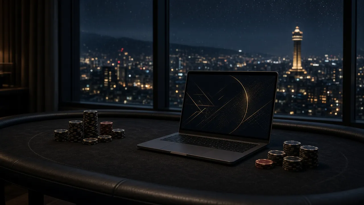 Mongol poker site — ширээн дээрх laptop, шөнийн хот